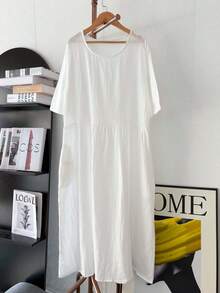 Nuevo vestido de lino de talla grande, estilo casual y suelto, de unicolor, con mangas 5/10, de primavera/verano 2025 - Blanco - Ver 5