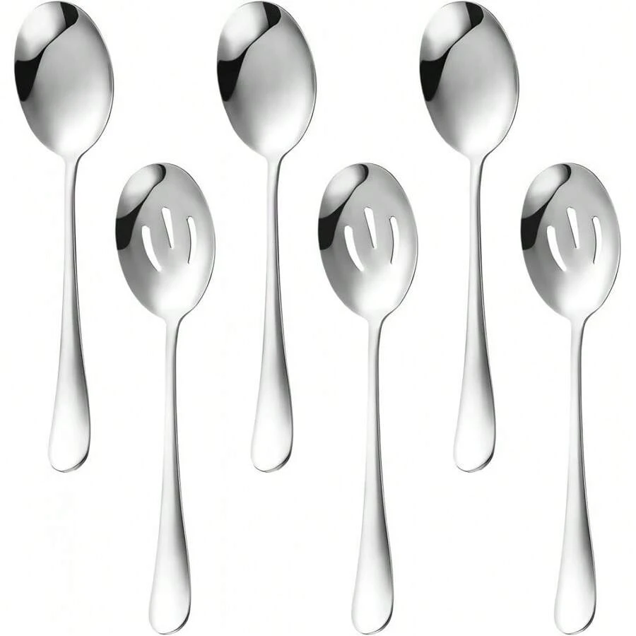 KUAOOAUK 6-teiliges Servierbesteck-Set, inklusive 3 Servierlöffeln mit Schlitzen und 3 Servierlöffeln aus Edelstahl, hochglanzpoliert, spülmaschinenfest