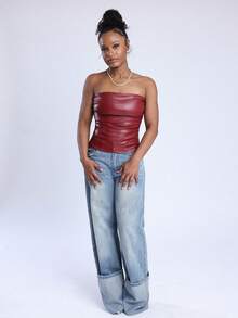 Steph T Women's Burgundy Leather Ruched Asymmetric Hem Tube Top, Fashionable Party Outfit For New Year & Valentine's, Going Out Wear - Burgundy - View 5