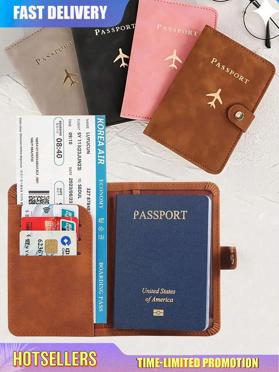 Doka PU Passport Holder - Snap Closure, Faux Leather Lining, Airplane Pattern Passport Cover, Minimalist Travel Accessory - Convenient For Storing Documents And Travel Supplies, Holiday Supplies, Travel Organizer, Travel Wallet, Passport Holder, Passport Wallet, Beach Holiday Bag, Summer Holiday, Back To School Supplies