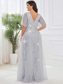 Plus Size Elegant Sequin Ruffle Sleeve Formal Silver Dress, Summer Party Dress - Silver - View 3