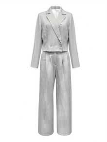 Women'S Elegant Striped Two-Piece Suit - Casual Business Attire, White & Gray, Polyester Blend, Perfect For Spring/Fall, Casual Business Attire|Striped Pattern|Polyester Blend - 淺灰色 - 查看 2