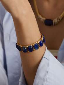 1 pulseira de resina oval com ombré azul turquesa, estilo vintage, banhada a cobre, ouro 18K, joias femininas