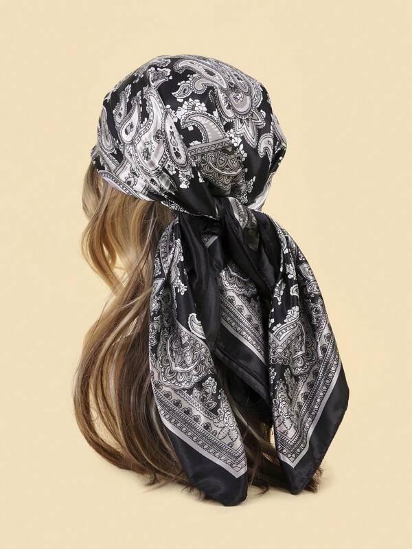 1 pièce Foulard carré en motif cachemire de 90 cm pour femme, bandana en faux soie pour tête et poitrine