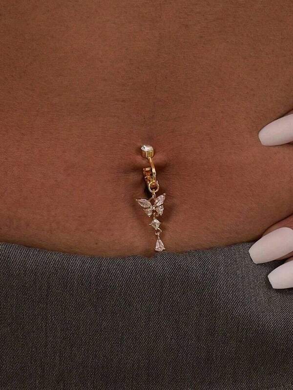 1 Stück einfacher modischer nicht durchbohrter Fake Bauchnabel Ring, Anhänger aus Kupfer mit kubischem Zirkonia für Bauchnabel Körperschmuck