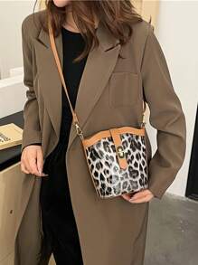 Simple Retro Leopard Print Bucket Bag For Women, New Casual Fashion One Shoulder Crossbody Bag, Textured Leisure Crossbody