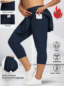 Skort For Women Ladies Leggings With Skirt Capri Running Trousers Tennis Skirt With Pockets Yoga Sports Soft Skirt Shor Tennis Clothing Plus Size - 藏蓝色 - 查看 4