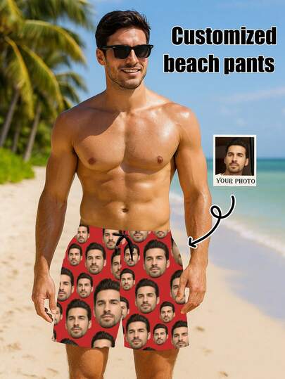 Customized Men's Beach Shorts With Personalized Designs Such As Portraits, Family Members, Pets, Cartoons, Holiday Themes