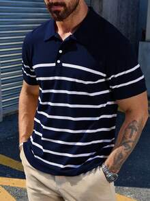 ALTZTAR 男士休闲简约条纹针织短袖毛衣 - 藏蓝色 - 查看 9