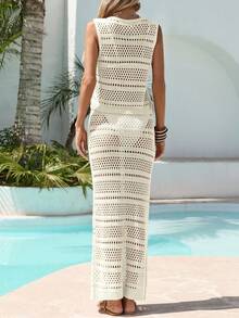 Fisoew Women's Crochet Swim Cover Up 2 Piece Set - Sleeveless Boho Beach Coverup With Front Tie Crop Top & Maxi Skirt, Summer Y2K Vacation Outfit | Sexy Beach Dress, Resort Wear - 米色 - 查看 3