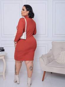 Women's Plus Size Dress Long Sleeve High Neck Elegant Premium Ribbed Fabric - Coral Pink - View 3