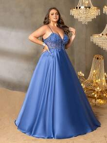 Faeriesty Curve Plus Luxurious Shimmering Bead Satin Prom Dress With Flowy Skirt - Perfect For Weddings, Red Carpet Events, And Luxury Dinners - Dusty Blue - View 6