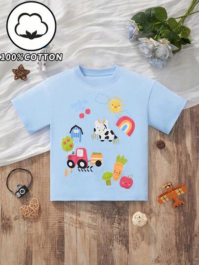 1 chiếc áo thun cổ tròn tay ngắn in hình con bò hoạt hình thường ngày cho bé trai, thời trang cho mùa xuân/hè