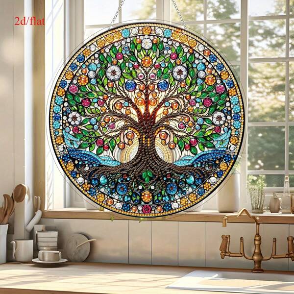 2D/Flat 5D Diamond Art Hanging Kit For Adults, Special-Shaped Diamond, DIY Acrylic Diamond Art Painting Window Pendant Home Garden Wall Hanging Set (Tree Of Life)