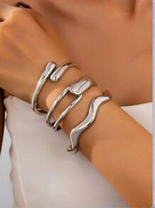 Conjunto de Pulseira Bangle Geométrica Assimétrica em Onda de Bambu Minimalista de Metal