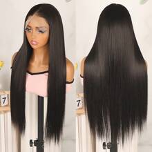 Glueless HD Lace Front Wigs Long Silky Straight Hair Natural Black Color 13x4 Transparent Lace Frontal Synthetic Lace Wigs Pre Plucked Baby Hair Natural Hairline Replacement Wigs For Women Girls Daily Party Wear Heat Resistant Fiber - 黑色 - 查看 3