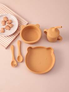 PopLittleOne 5PCS Silicone Baby Tableware Sets Solid Color Utensils Portable Sippy Cup Cartoon Bear Shape Plate Bowl Feeding Sets For Baby - Multicolor - View 12