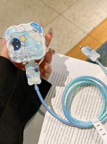 Set de 5 piezas Protector de cable de carga con diseño de cojín con estampado de astronauta, compatible con adaptador de cargador estándar británico de 20W, adecuado para iPhone11/12/13/14/15/16 Pro Max, cable de datos anti-doblado, fijador de cable, anti-rotura, protector de cabezal de cargador de TPU, accesorios de cargador, accesorios de teléfono