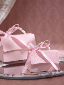 10个装时尚压纹礼品盒，黑白款式，配缎带和仿珍珠手柄，多种尺寸可选，适用于各种场合。凸版印刷花卉糖果盒，迷你包装袋，纸盒，礼品套装盒，小礼品袋，婚礼回礼，派对装饰。