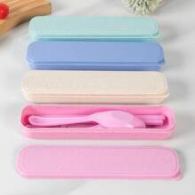 Japanese Creative Wheat Straw Portable Tableware Box Three-Piece Set Cute Chopstick Box Long Handle Spoon Fork