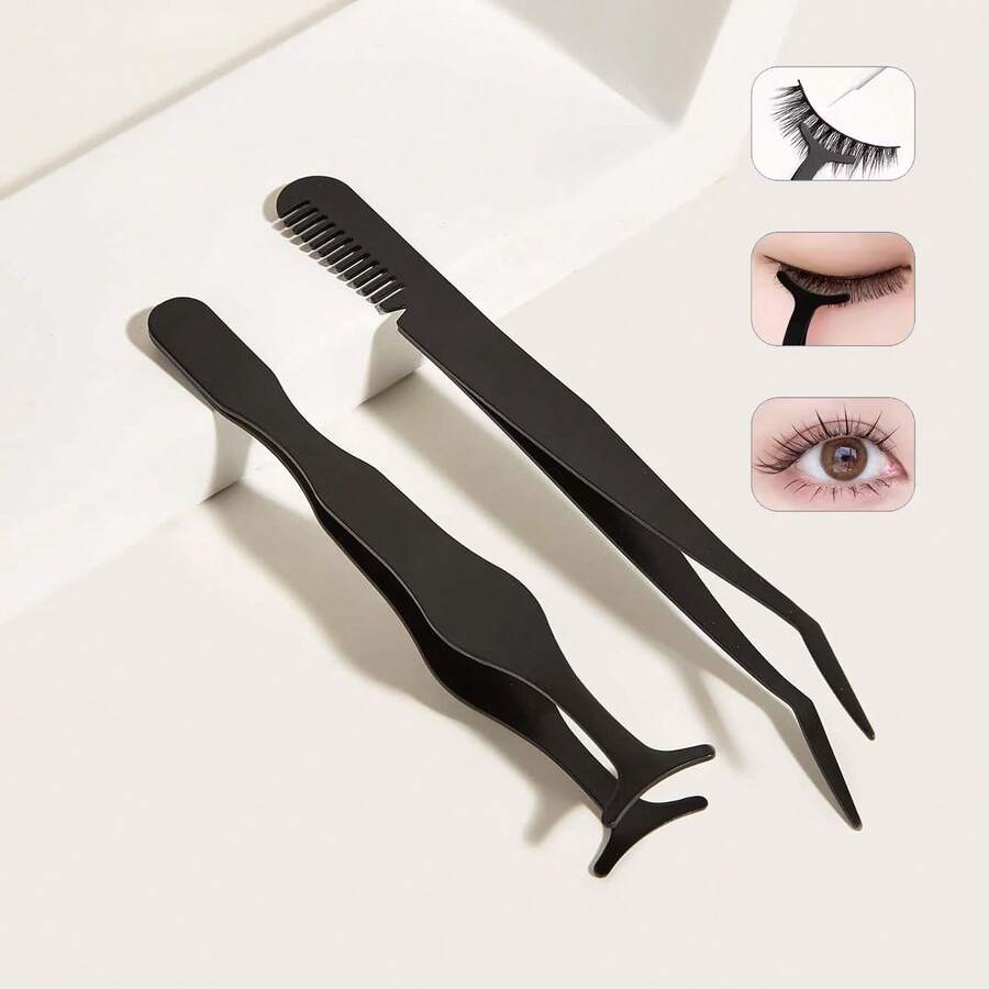 Eyelash Extension Tools Kit: Seahorse Clip, Comb, Angled Tweezers, Straight Eyelash Curler - Black - View 1