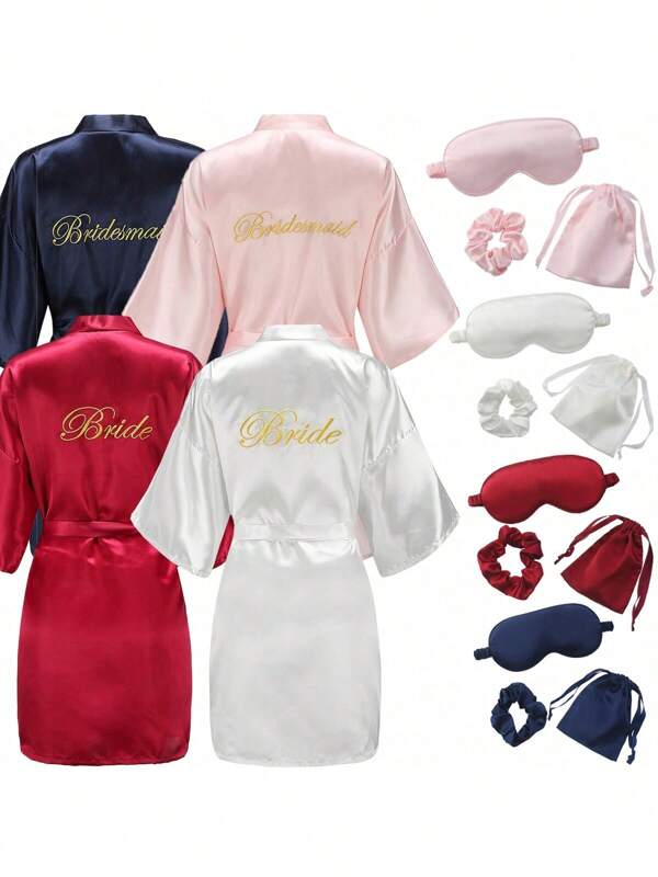 4pcs Women's Bride Gift Set - Bride/Bridesmaid Robes, Silk-Like Eyemask, Bride Headband And Drawstring Pouch, Satin Brides Robe For Wedding Shower Party, Bridal Prep