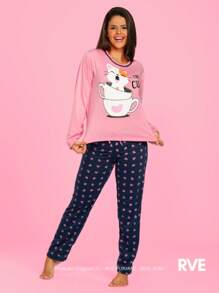 Pijama Feminino de Frio Calça e Blusa Manga Longa Conjunto Blogueira Estampado Master Confort Bichos Fofinhos