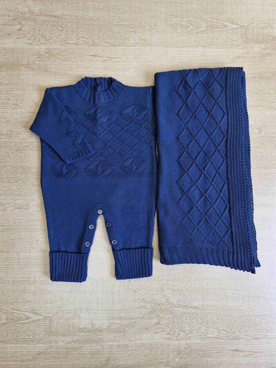 Maternity Leave Losango Blanket And Romper Kit Newborn Boy And Girl Knit Baby Layette - Màu xanh hải quân - Xem 1