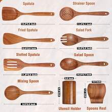 Set di utensili da cucina da 9 pezzi in legno di teak naturale con poggiamestolo – supporto per cucchiai e utensili in legno con comoda impugnatura - Castano - Visualizzare 4