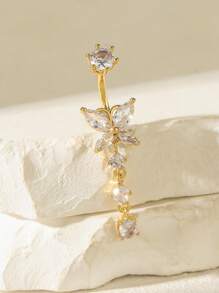 1pc Luxury Plated Gold Copper Material Heart-Shaped Butterfly Crystal Stainless Steel Navel Ring, Suitable For Women, Valentine's Day, Thanksgiving, Halloween, Easter, Christmas, Birthday Gift, Bar Party, Beach Party, Daily Wear