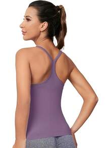 Workout Tops Women With Built In Bra, Sleeveless Gym Tops Seamless Racerback Athletic Yoga Shirts, Activewear - Grey Purple - View 2
