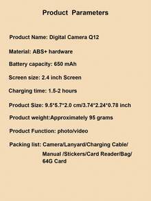 1 Pc Q12 Digital Camera With 64G Memory Card,50 Million Pixels 2.4-Inch Screen Portable Camera, Rechargeable Camera CCD & Multiple Filter Modes. Portable Anti-Shake Smart Zoom Digital Camera For Outdoor