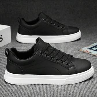 男士休闲皮革运动鞋，百搭平底鞋，适合户外、运动、学生、时尚派对，圆头，轻便，适合情侣，白色