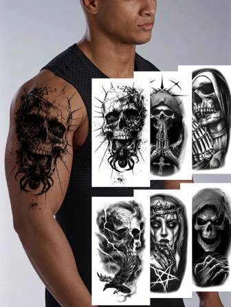 6pcs Large Black Forest Wolf Skull Temporary Tattoo Stickers, Suitable For Men & Women Adult Arm Tiger Skeleton Fake Tattoo Design