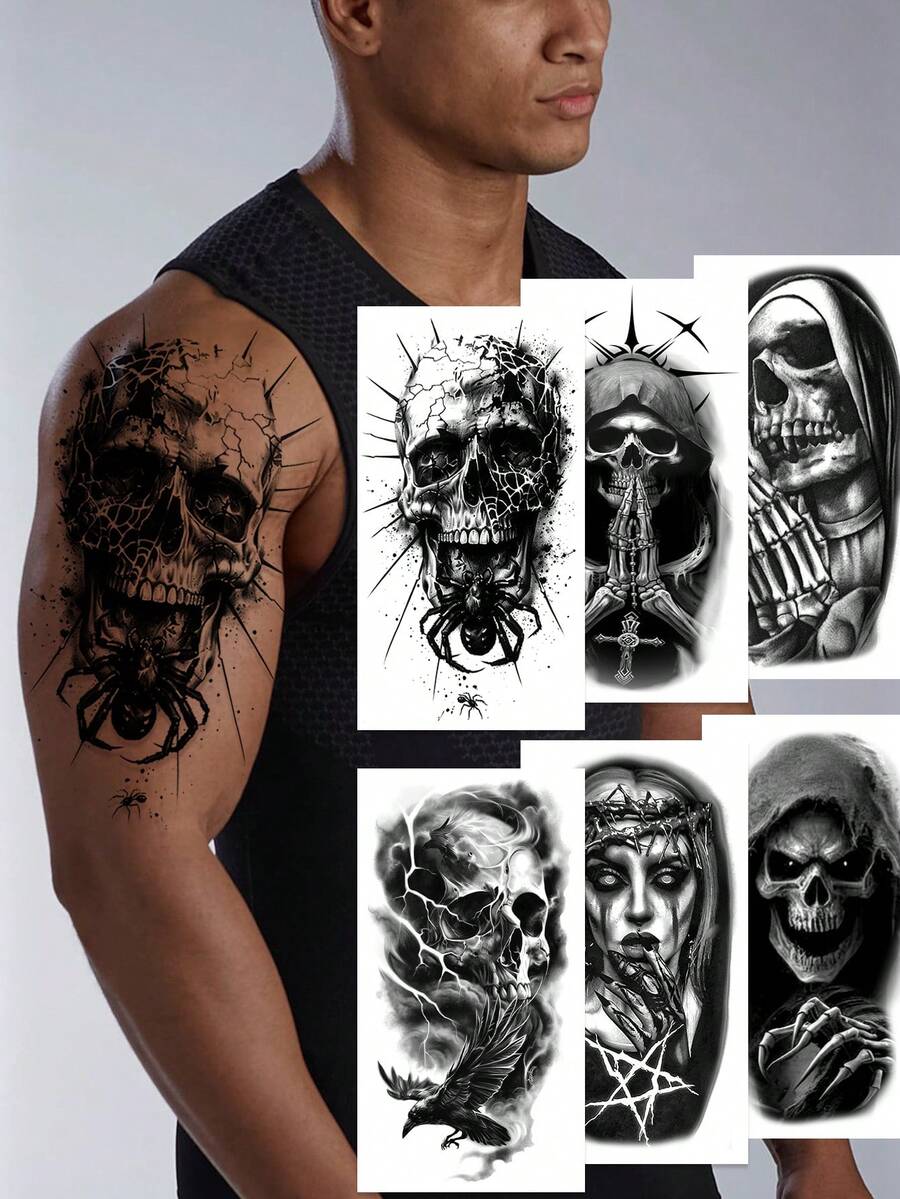 6pcs Large Black Forest Wolf Skull Temporary Tattoo Stickers, Suitable For Men & Women Adult Arm Tiger Skeleton Fake Tattoo Design,Sketch Style,Halloween Costume