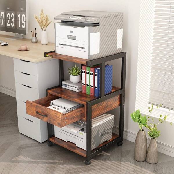 Side Table, Printer Stand, Multifunction Printer Rack, 3-Tier, With Drawers, Desk Top And Under-Desk Stand, Width 45 X Depth 38 X Height 80 Cm, For Office, Home, Storage