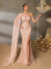 Faeriesty Faeriesty Asymmetric One-Shoulder Evening Gown With Flowing Organza Drape, Embellished Waist Detail, Dramatic Thigh-High Slit & Mermaid Fishtail Hem – Elegant Formal Dresses For Red Carpet Events, Black-Tie Galas, Luxury Wedding Receptions, Fashion Showcases, Award Ceremonies