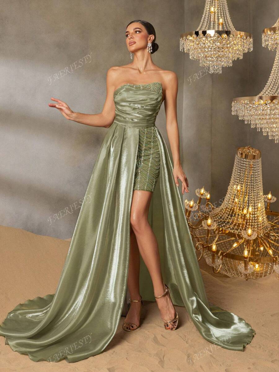 Faeriesty Faeriesty Elegant Strapless Evening Gown With Back Tie Closure & High-Slit Skirt – Elegant Formal Dress For Red Carpet Events, Gala Dinners, Wedding Receptions, Black-Tie Galas, And Grand Celebrations