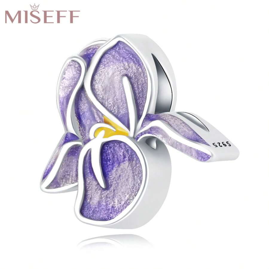 MISEFF 1 Pc Genuine S925 Sterling Silver Bead Flower Iris Beads For Original Bracelet Necklace DIY Jewelry Making Fit Birthday Gifts For Women Valentine's Day Present