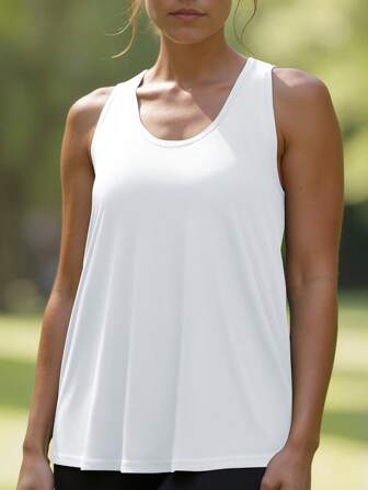Top canotta bianco da donna in tessuto leggero, di stile pulito, adatto per palestra, allenamento, corsa, yoga e attività all'aperto estive