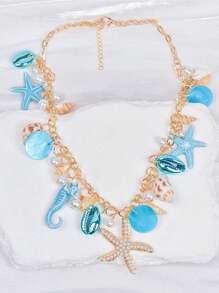 1pc Versatile Pearl, Starfish, Seahorse, Seashell & Nautical Elements Necklace, Suitable For Beach, Holiday, Summer Activity Wearing