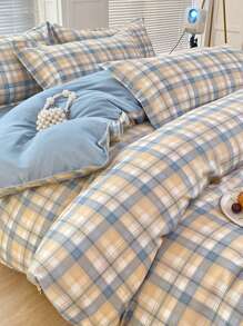 Juego de ropa de cama para dormitorio de 4 piezas (1 funda de edredón + 1 sábana + 2 fundas de almohada), de tela suave y amigable con la piel, con envoltura antideslizante de 360 grados, sin blanqueadores ópticos, transpirable, absorbente, duradero, lavable, cálido, adecuado para dormitorio, habitación de invitados, dormitorio de estudiantes, habitación infantil, toda la familia