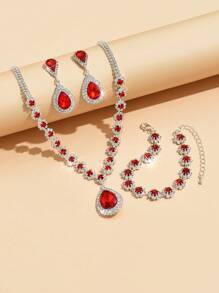 4pcs Bride Jewelry Set: Necklace, Earrings, Bracelet, Fully Rhinestone Waterdrop Floral Design For Women Evening Dress