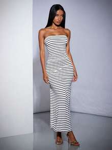 Vestiso mujer strapless largo maxi  rayas  color combinado   casual  dulce  sencillo   canalé  rib  abertura trasera caminar playa  noche de fiesta  vacaciones oficina  casa  diario  fiesta de cumpleaños  jardín  calle  concierto de música country  verano - Blanco - Ver 3