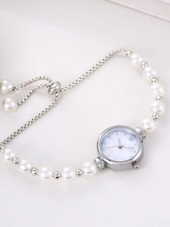 1 件女士时尚优雅银色串珠拉链玫瑰金金属表壳珍珠贝母表盘石英手表，适合派对装饰