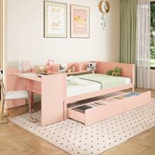 Sairedel Cama plana, cama de madeira, 90x200cm, com secretária, equipada com 2 gavetas, cama individual (sem colchão), com prateleiras, pinho+aglomerado, rosa