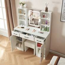 Bedroom Dressing Table Stool Large Makeup Mirror LED Light Vanity Table White