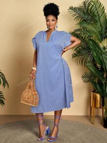 BIUBIU Vestido holgado de talla grande para mujer con cuello en V con volantes, mangas cortas, estampado geométrico, para uso diario, vacaciones y comodidad (patrón aleatorio)