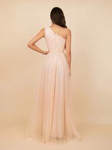 MOEVIO One-Shoulder Lace & Mesh A-Line Split Thigh Backless Long Formal Evening Party Dress, Chic Graduation Dress, Prom Dresses For Women, Wedding Guest Dresses Ladies, Birthday Women Outfits, Fall Modest Dresses For Women - Coral Pink - View 3