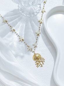 Mazuer 1pc 18K Gold Plated Starfish, Shell, Octopus Pendant Beaded Necklace, Bohemian Style Stainless Steel Jewelry For Women, Suitable For Vacation And Daily Wear, Layering Accessory - Yellow Gold - View 10